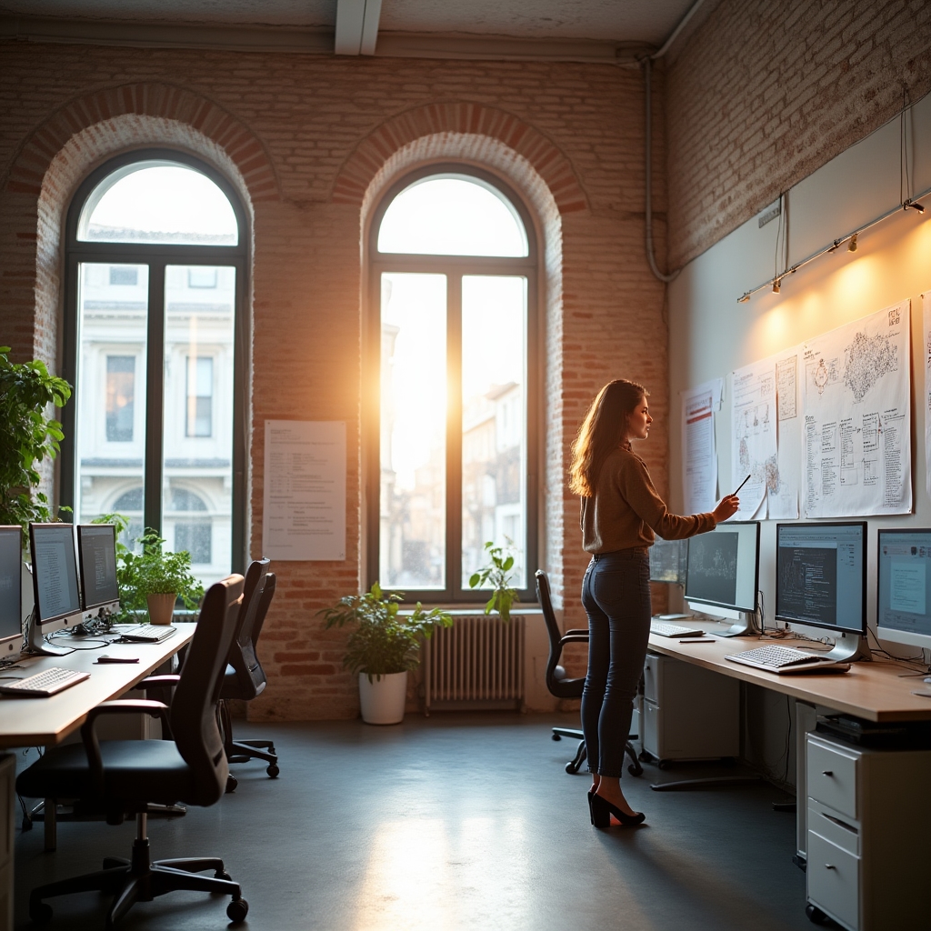 Interno dell'ufficio con postazioni di lavoro e schermi di monitoraggio