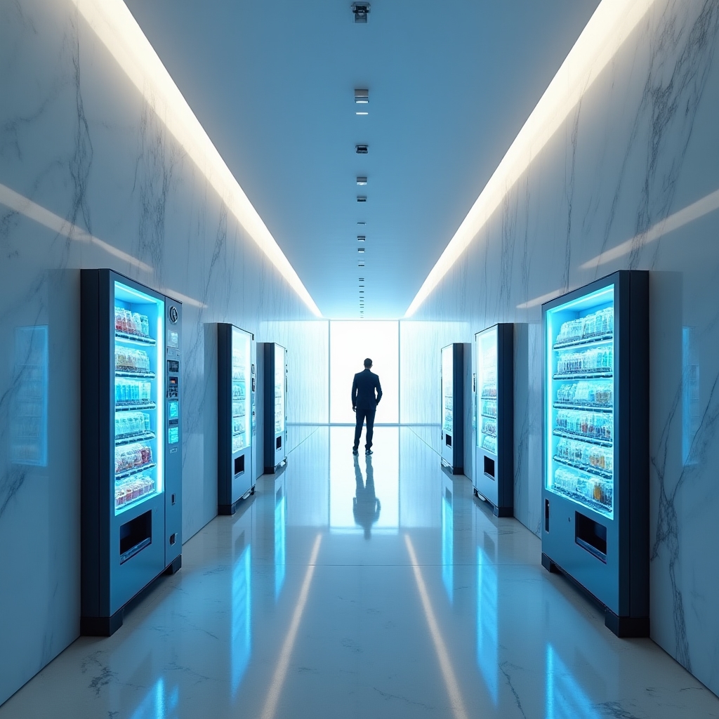 Fila di distributori automatici in un ufficio moderno
